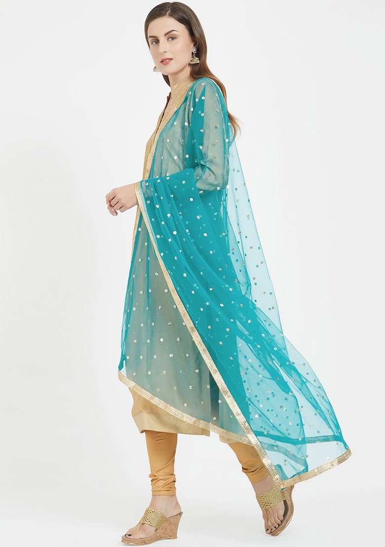 Green And Gold Toned Embroidered Dupatta - Indya