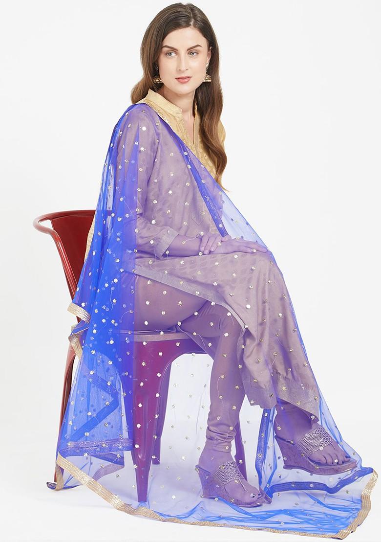 Blue And Gold Coloured Embroidered Dupatta
