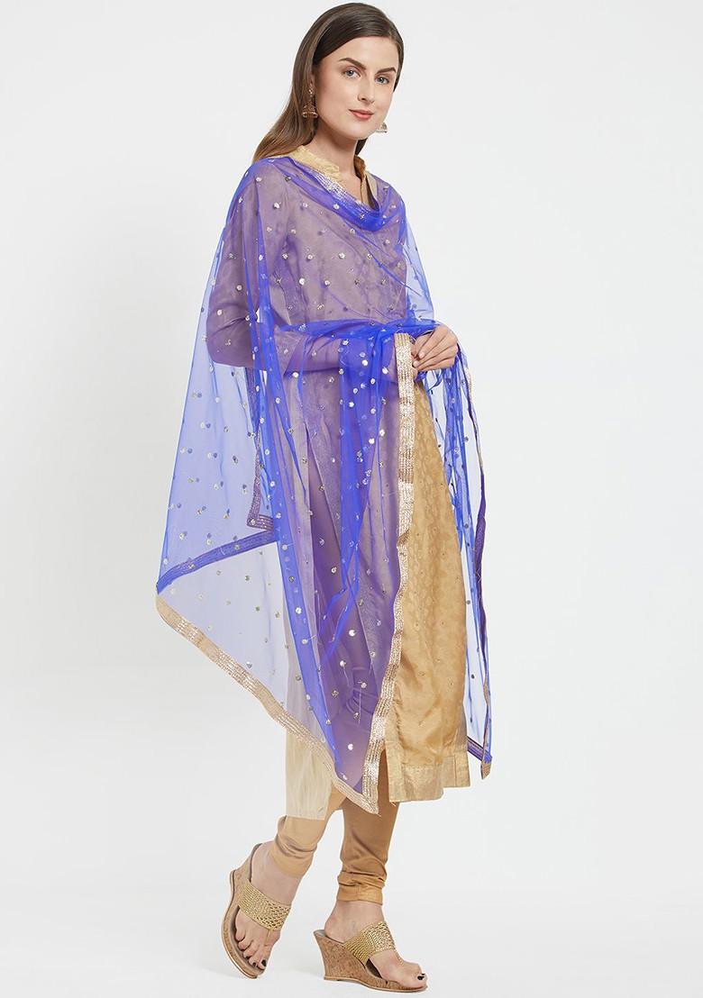 Blue And Gold Coloured Embroidered Dupatta