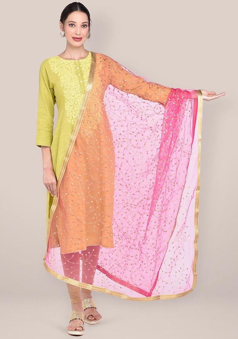 Pink And Gold Toned Embroidered Dupatta With Zari