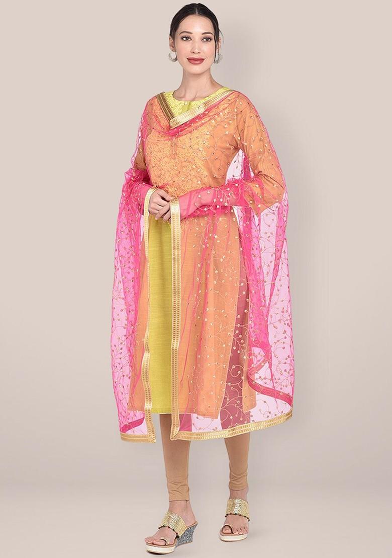 Pink And Gold Toned Embroidered Dupatta With Zari