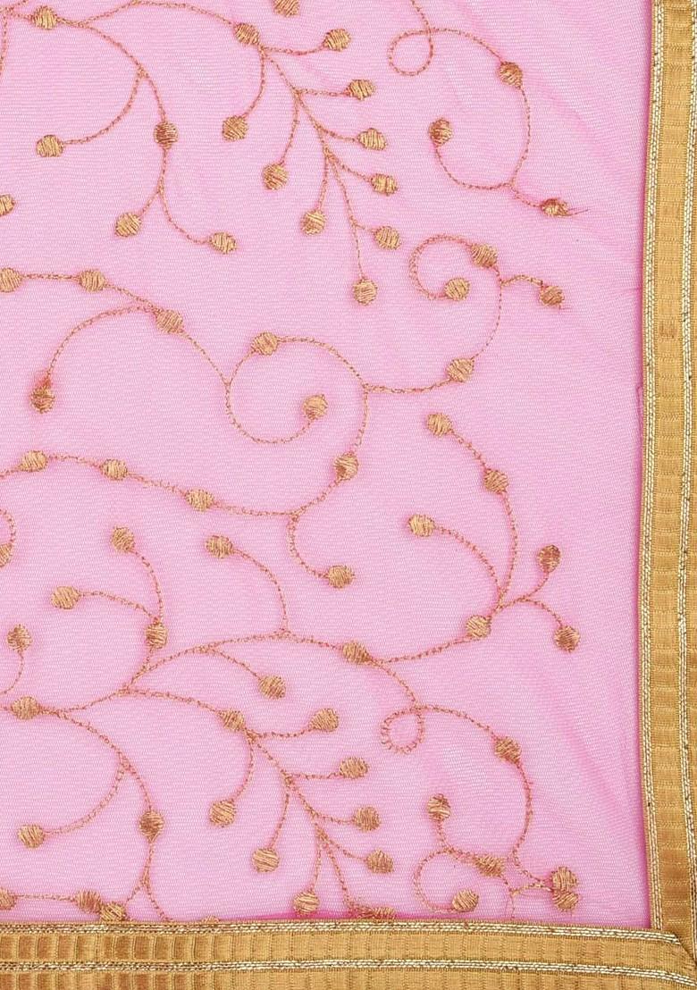 Pink And Gold Toned Embroidered Dupatta With Zari