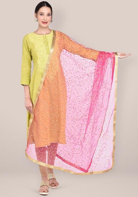 Pink And Gold Toned Embroidered Dupatta With Zari