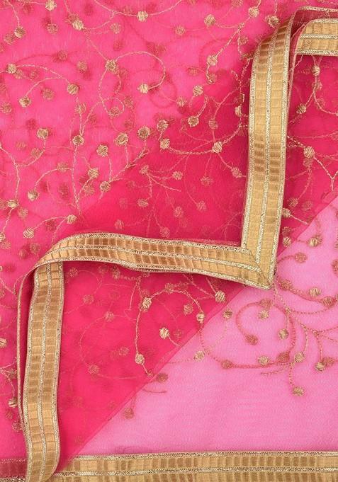 Pink And Gold Toned Embroidered Dupatta With Zari