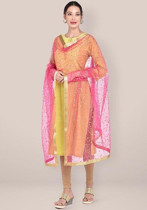Pink And Gold Toned Embroidered Dupatta With Zari