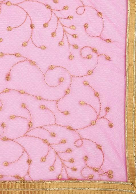 Pink And Gold Toned Embroidered Dupatta With Zari