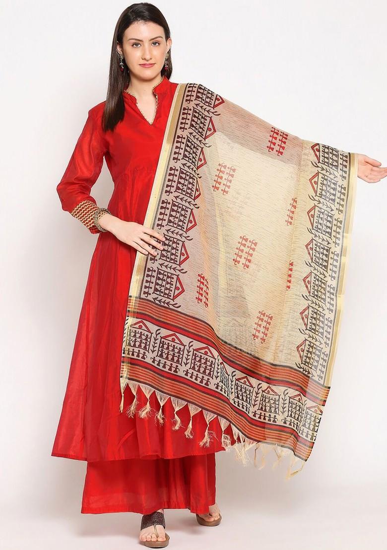 Beige And Red Ethnic Motifs Warli Printed Dupatta