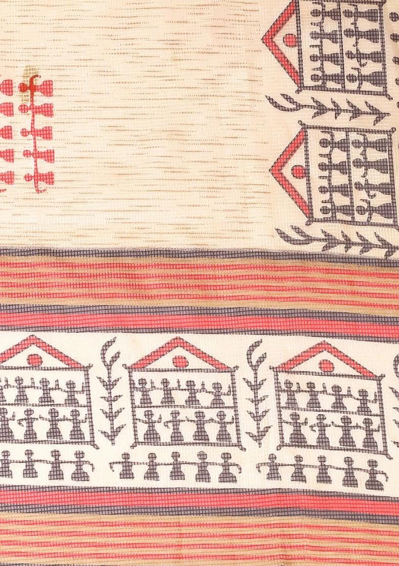 Beige And Red Ethnic Motifs Warli Printed Dupatta