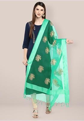 Ethnic Motifs Embroidered Organza Dupatta With Zari