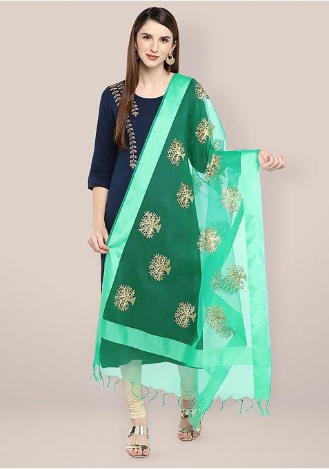 Ethnic Motifs Embroidered Organza Dupatta With Zari