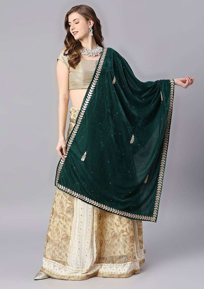 Embroidered Velvet Dupatta With Gotta Patti - Indya