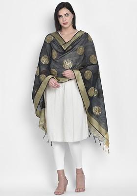 Women Black And Gold Toned Embroidered Dupatta