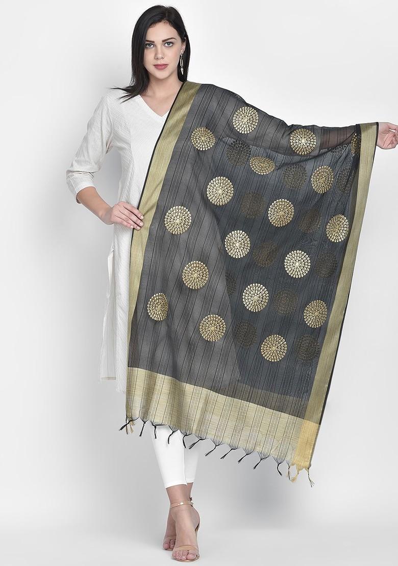 Women Black And Gold Toned Embroidered Dupatta