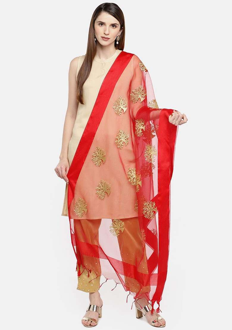 Red And Gold Toned Embroidered Dupatta - Indya