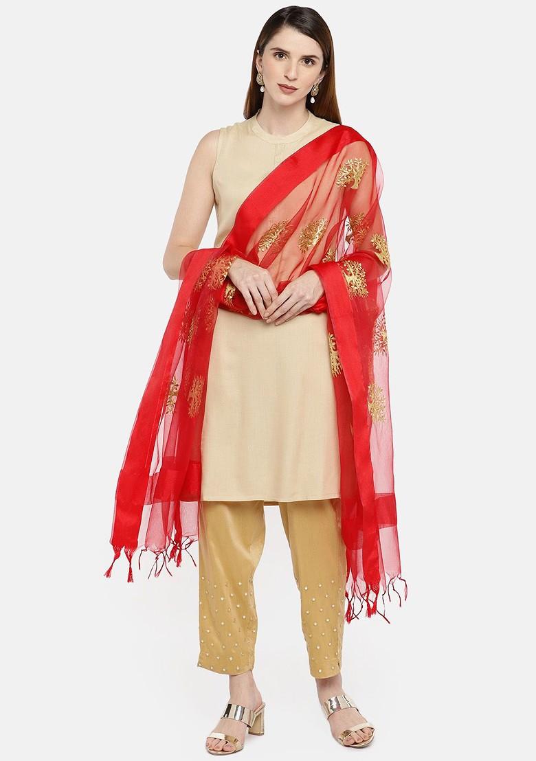 Red And Gold Toned Embroidered Dupatta