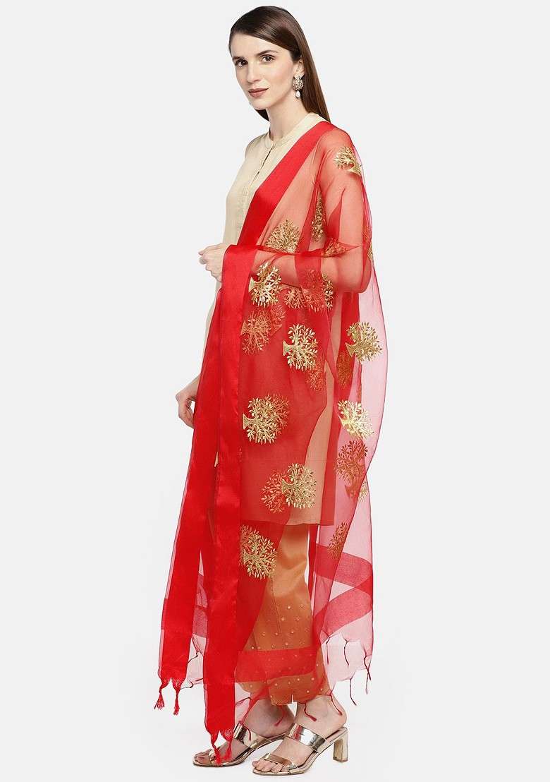 Red And Gold Toned Embroidered Dupatta - Indya