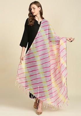Pink And Yellow Printed Leheriya Dupatta With Gotta Patti
