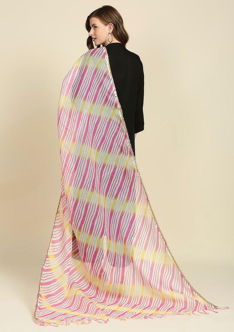 Pink And Yellow Printed Leheriya Dupatta With Gotta Patti