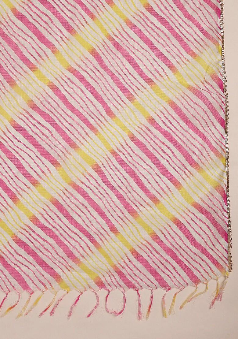 Pink And Yellow Printed Leheriya Dupatta With Gotta Patti