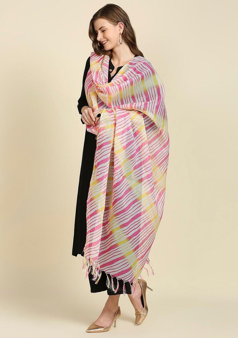 Pink And Yellow Printed Leheriya Dupatta With Gotta Patti