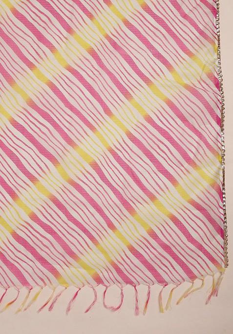 Pink And Yellow Printed Leheriya Dupatta With Gotta Patti