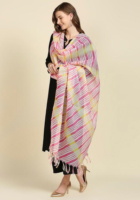 Pink And Yellow Printed Leheriya Dupatta With Gotta Patti