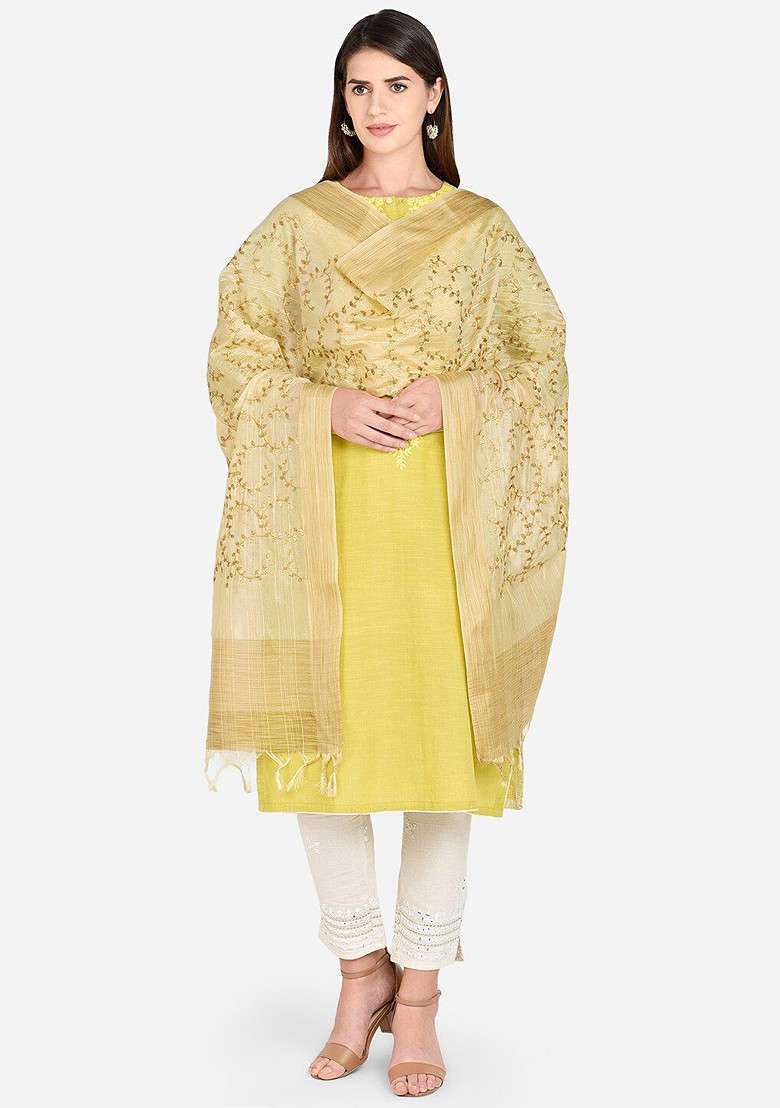 Cream Coloured Embroidered Dupatta - Indya