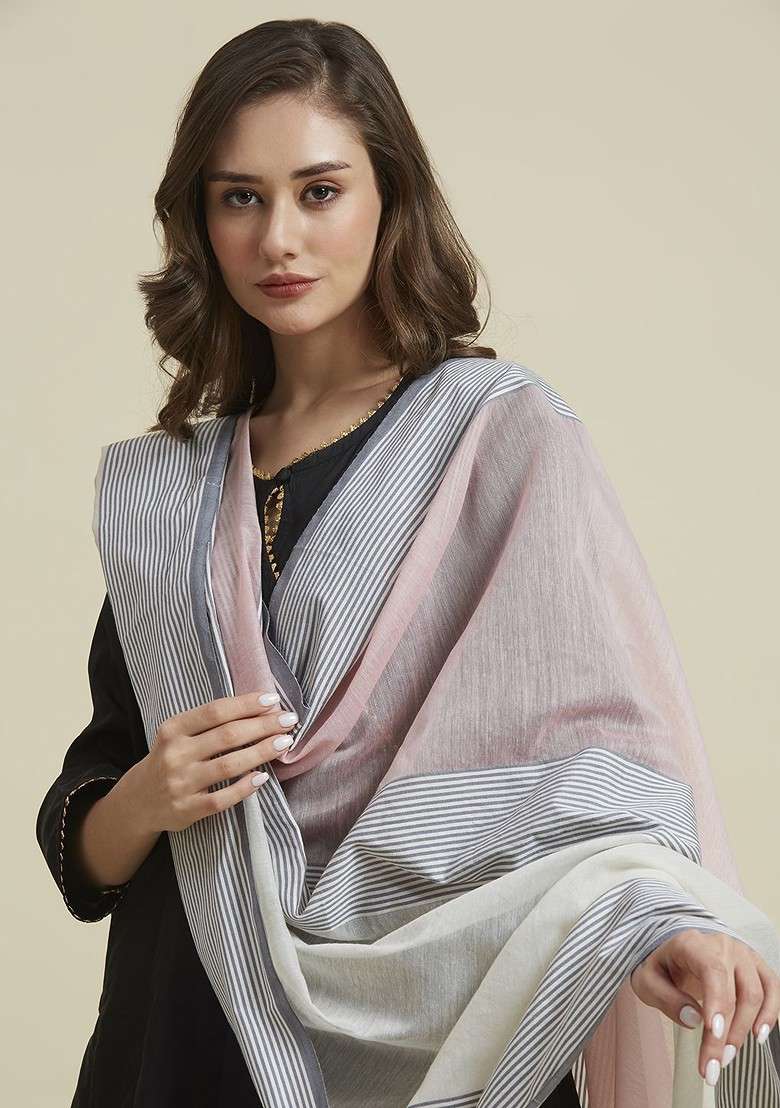 Striped Chanderi Silk Dupatta - Indya
