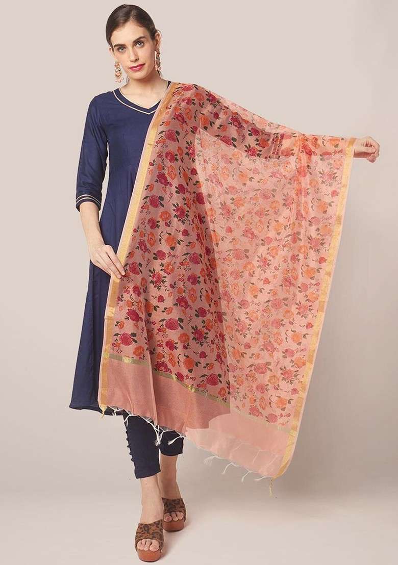 Women Peach Coloured And Orange Printed Dupatta - Indya