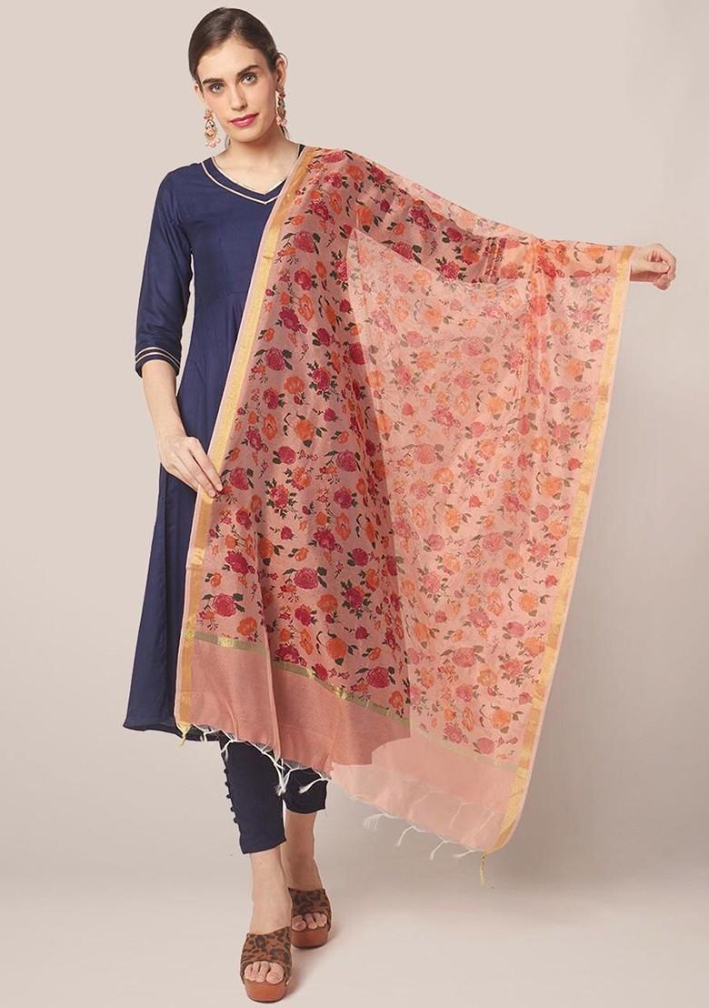 Women Peach Coloured And Orange Printed Dupatta