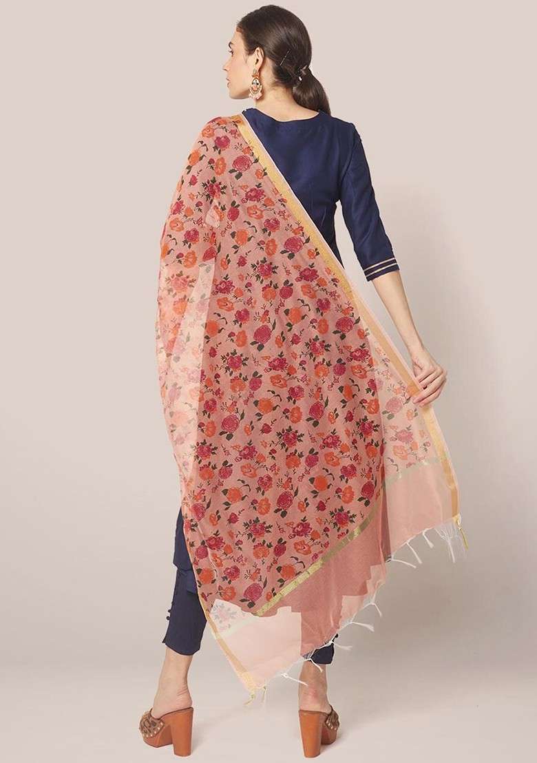 Women Peach Coloured And Orange Printed Dupatta - Indya