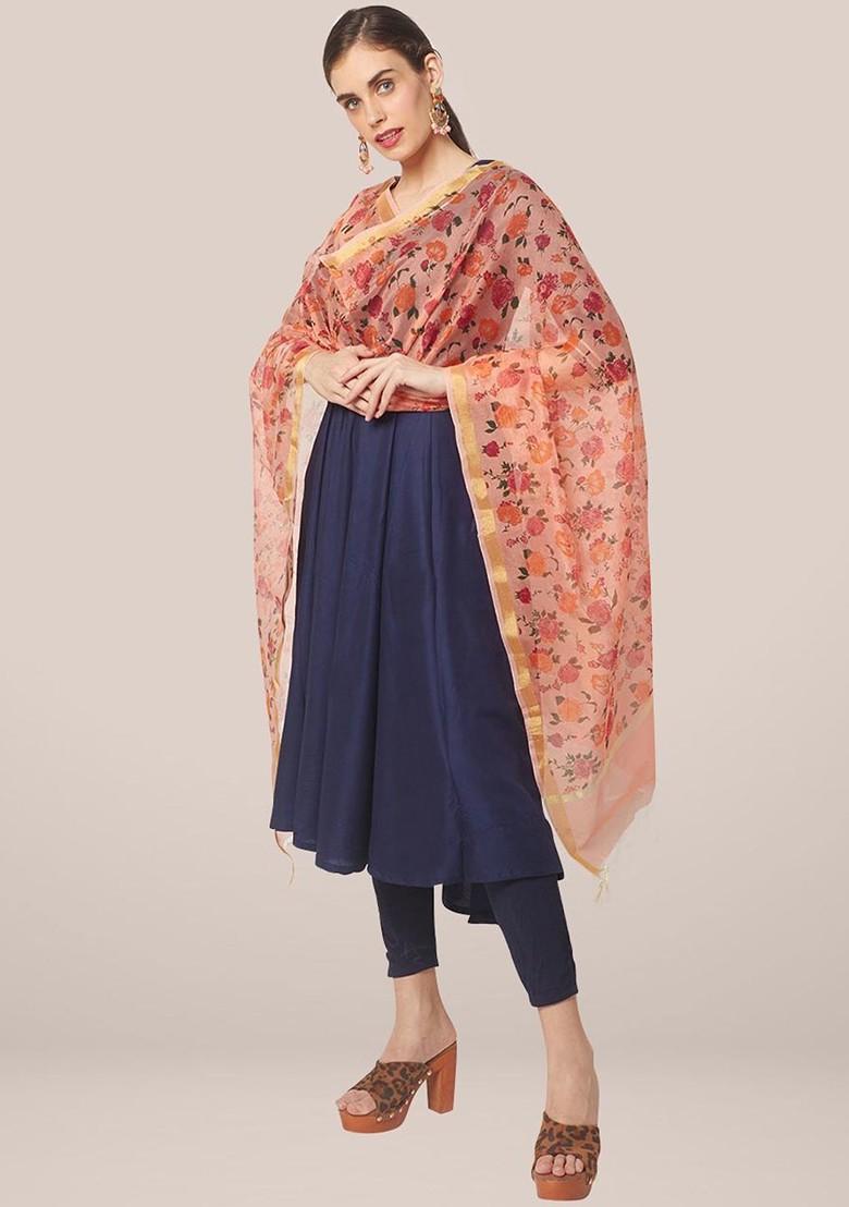 Women Peach Coloured And Orange Printed Dupatta
