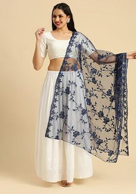 Floral Embroidered Thread Work Net Dupatta