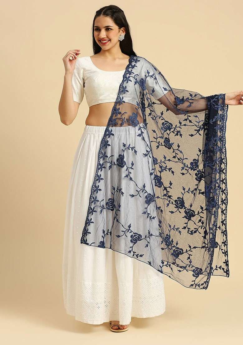 Floral Embroidered Thread Work Net Dupatta - Indya