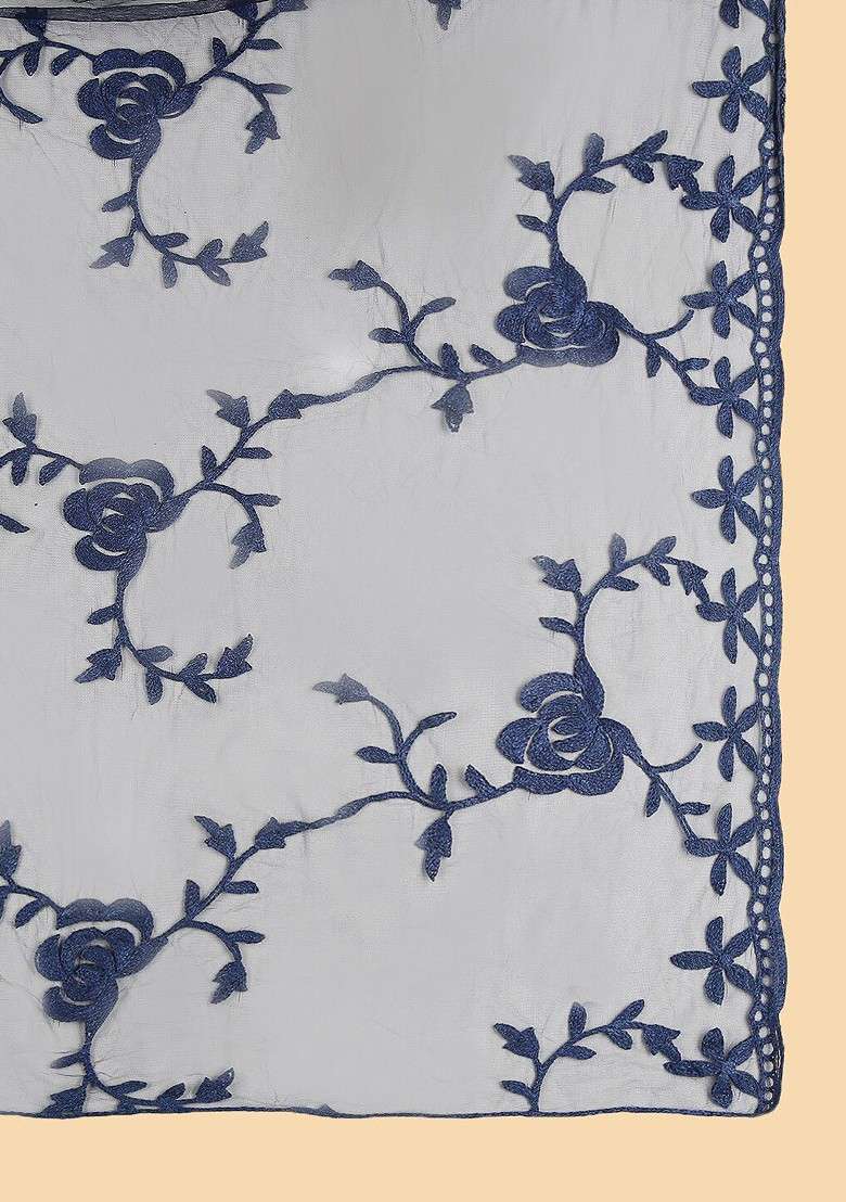 Floral Embroidered Thread Work Net Dupatta - Indya