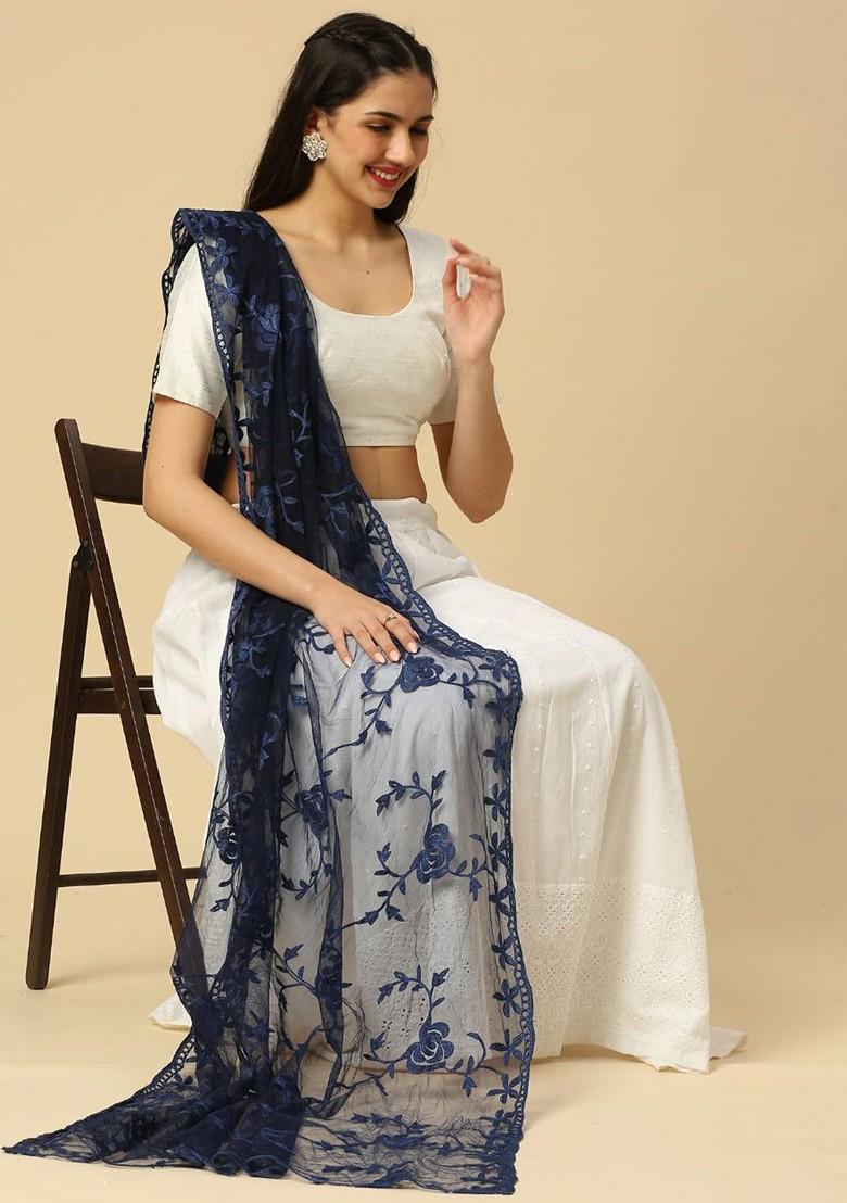 Floral Embroidered Thread Work Net Dupatta