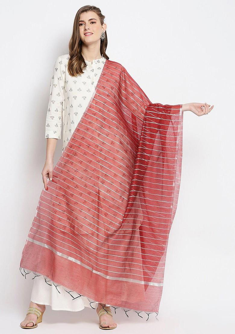 Maroon And Silver Toned Woven Design Cotton Silk Dupatta