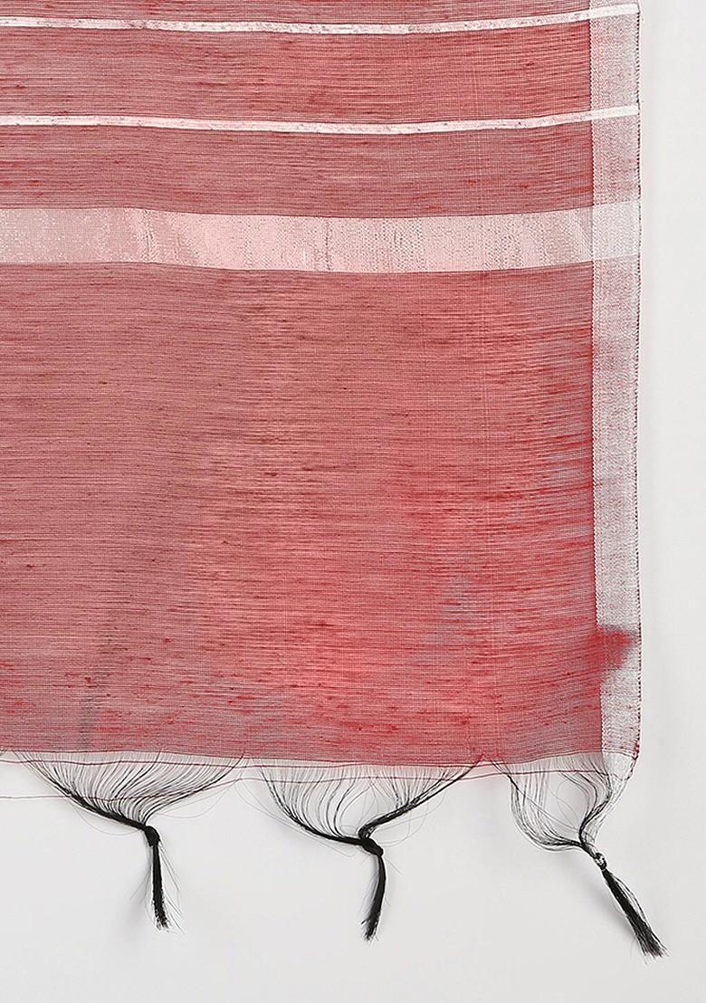 Maroon And Silver Toned Woven Design Cotton Silk Dupatta