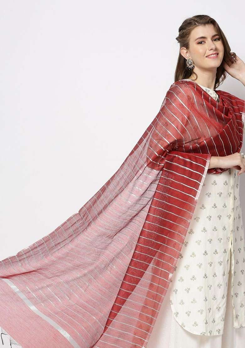 Maroon And Silver Toned Woven Design Cotton Silk Dupatta - Indya