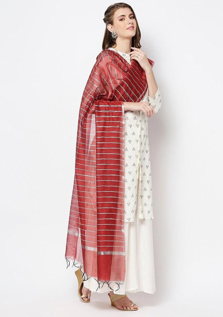Maroon And Silver Toned Woven Design Cotton Silk Dupatta