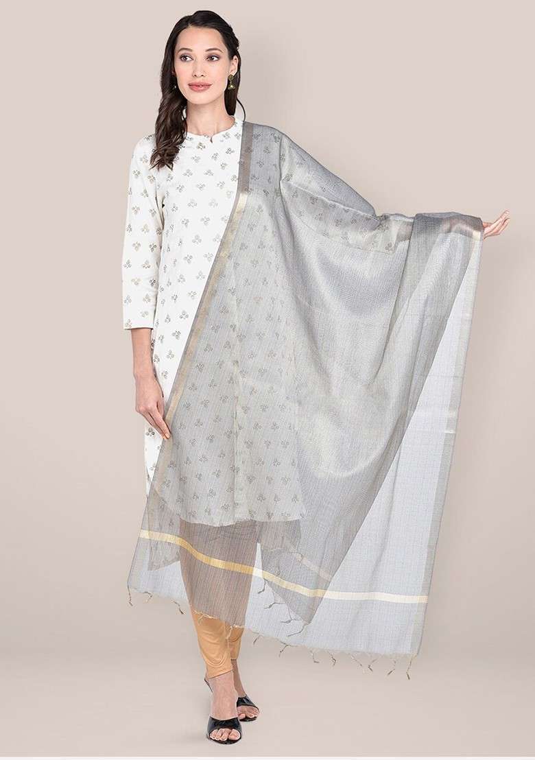 Women Silver Toned And Gold Toned Solid Dupatta - Indya