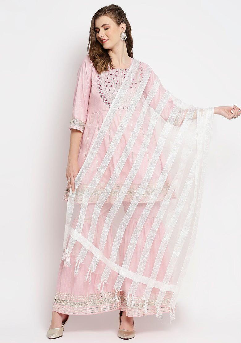 Off White And Silver Striped Organza Dupatta