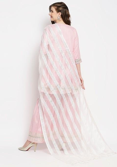 Off White And Silver Striped Organza Dupatta