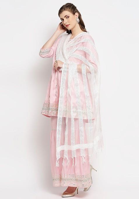 Off White And Silver Striped Organza Dupatta