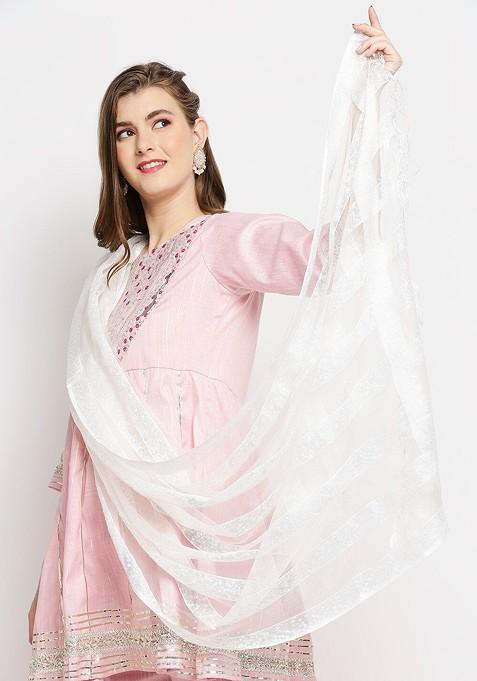 Off White And Silver Striped Organza Dupatta
