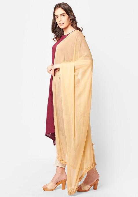Women Beige Solid Chiffon Dupatta