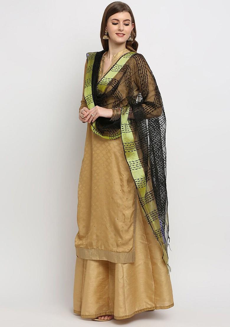 Black And Gold Toned Woven Design Organza Dupatta