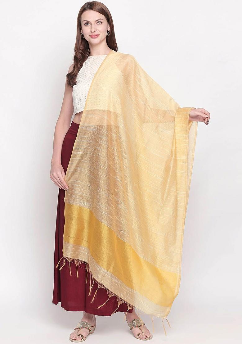 Women Yellow And Gold Toned Striped Dupatta