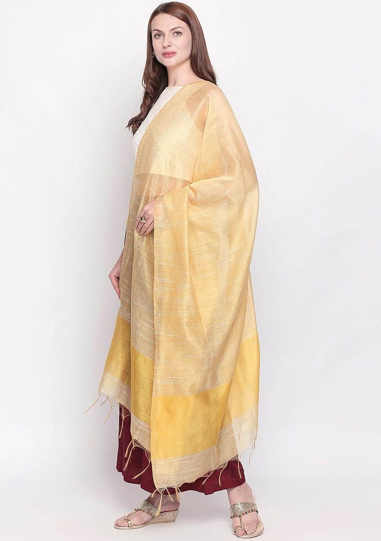 Women Yellow And Gold Toned Striped Dupatta