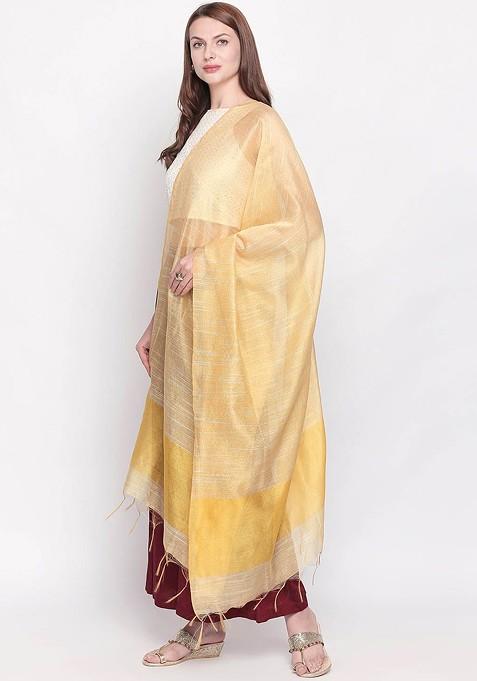 Women Yellow And Gold Toned Striped Dupatta